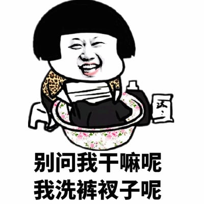 图中是一个卡通风格的人物形象，有着黑色齐耳短发，身穿豹纹上衣，正坐在一个印有粉色花朵图案的脸盆前洗内裤。人物面带夸张的笑容，眼睛眯起，露出牙齿，显得十分投入。脸盆旁边放着一包印有“汰渍”字样的洗衣粉。图片底部有两行黑色文字：“别问我干嘛呢 我洗裤衩子呢”，整体风格幽默诙谐，用生活化的场景和直白的语言制造笑点。