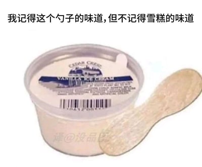 这张图展示了一小盒香草味的杯装雪糕，旁边放着被舔得干干净净的塑料小勺子，配文“我记得这个勺子的味道，但不记得雪糕的味道”，精准戳中很多人的童年回忆——小时候吃这类一次性杯装雪糕时，总会把沾着雪糕残留的塑料勺舔得干干净净，以至于对勺子的味道记忆比雪糕本身还要深刻，充满了温暖的怀旧感。