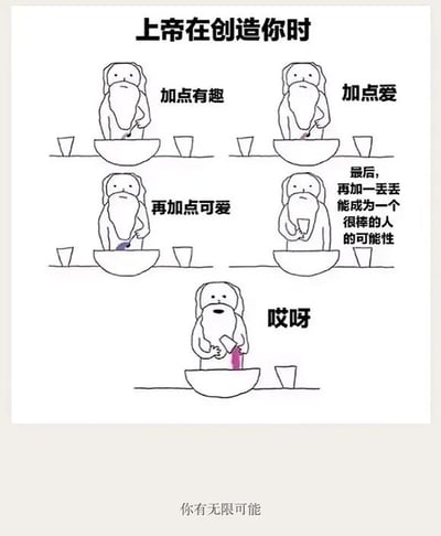 这是一幅线稿风格的连环静态卡通图，以“上帝在创造你时”为核心主题，通过五个连贯的画面讲述了一段幽默又励志的内容：画面中的白胡子上帝形象，依次往创世容器中加入“有趣”“爱”“可爱”三种特质，接着准备加入“一丢丢能成为一个很棒的人的可能性”，却不小心失手将全部紫色材料倒进容器，配文“哎呀”，图片底部还配有文字“你有无限可能”。整幅图用轻松诙谐的意外情节，传递出“失误反而带来了更棒的结果，每个人都拥有无限潜力”的积极治愈寓意，风格简约搞笑，容易引发观者共鸣，没有双关、谐音梗等特殊设定。