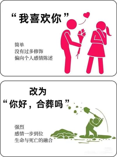 这是一张上下对比的静态梗图，通过夸张的方式调侃感情表达的强度。上半部分中，红色卡通男性手持玫瑰花，对女性说“我喜欢你”，旁边文字标注“简单 没有过多修饰 偏向个人感情陈述”，女性角色呈现害羞捂嘴的姿态；下半部分则改为绿色卡通男性手持铁锹挖墓，配文“你好，合葬吗”，文字说明“强烈 感情一步到位 生命与死亡的融合”。两部分形成鲜明对比，用“合葬”这种极端且带有黑色幽默的方式，将普通表白升级为对“感情一步到位”的夸张演绎，制造出搞笑的反差效果。