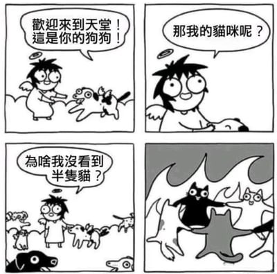 这是一幅四格黑白卡通漫画。第一格中，戴着光环、长着翅膀的天使开心地对一只同样有光环的狗狗说：“歡迎來到天堂！這是你的狗狗！”；第二格天使抱着狗狗，疑惑地问：“那我的貓咪呢？”；第三格天使被许多狗狗围绕，困惑地自语：“為啥我沒看到半隻貓？”；第四格场景突变，出现带有蝙蝠翅膀和犄角的恶魔猫咪，背景为灰暗火焰状，形成狗狗在天堂、猫咪在类似地狱场景的幽默反差。