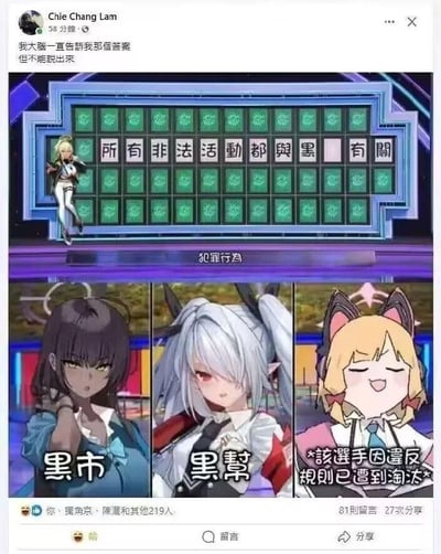 这是一张网友自制的拼贴搞笑梗图，模仿问答综艺的形式呈现：上方是问答面板，显示题目「所有非法活動都與黑□有關」，下方标注主题「犯罪行為」；面板下方是三个来自游戏《蔚蓝档案》的角色作为选项，第一个角色对应选项「黑市」，第二个对应「黑帮」，第三个角色的选项为「*該選手因違反規則已遭到淘汰*」。结合题目和淘汰提示，暗示第三个未显示的选项是「黑丝」，这个词汇因不符合内容规范属于禁忌选项，因此对应的角色被「淘汰」。顶部的Facebook用户评论「我大脑一直告诉我那个答案但不能说出来」，呼应了这个无法明说的禁忌选项，通过这种反差制造出搞笑的玩梗效果。