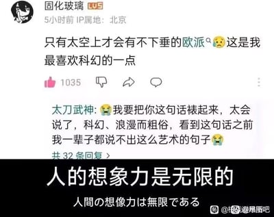 这张图由两部分拼接而成，上半部分是中文网络社区的评论截图，等级为LV5、IP属地北京的用户“固化玻璃”发布评论：“只有太空上才会有不下垂的欧派😔这是我最喜欢科幻的一点”，该评论获得1035个点赞；下方有用户“太刀武神”回复，夸赞这条评论将科幻的浪漫和粗俗感结合得十分巧妙，自己一辈子都想不出这么有艺术感的句子，想要把这句话裱起来。图片下半部分是黑底白字的配文，同时标注了中文和日语：“人的想象力是无限的 / 人間の想像力は無限である”，用看似严肃正能量的鸡汤文案调侃上半部分的奇葩脑洞，反差感十足，整体是搞笑玩梗的网络内容。