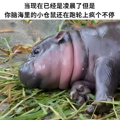 图片上方配有文字‘当现在已经是凌晨了但是你脑海里的小仓鼠还在跑轮上疯个不停’，描述了深夜大脑活跃无法入睡的状态；下方是一张真实拍摄的小河马照片，小河马身体呈深灰色，腹部和颈部皮肤偏粉白色，正趴在绿色和黄色相间的草地上休息，眼神平静。文字内容与小河马的淡定状态形成幽默反差，用‘小仓鼠跑轮’比喻大脑停不下来的思绪。