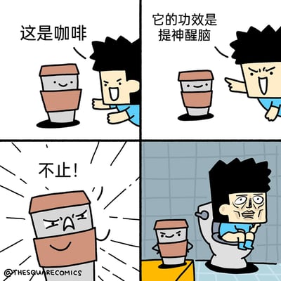 这是一则四格卡通连环漫画，第一格中，人类角色兴奋地指向拟人化的咖啡杯，介绍“这是咖啡”；第二格中，人类继续介绍“它的功效是提神醒脑”；第三格中，咖啡杯突然愤怒起来，大喊“不止！”，表情凶狠，周围有冲击线条；第四格中，人类角色面色憔悴、双眼无神地坐在马桶上，咖啡杯则得意地叉腰站在一旁，用幽默的反差感揭示了咖啡除了提神外，还有促进肠胃蠕动、让人频繁跑厕所的隐藏功效，贴近生活，充满笑点。