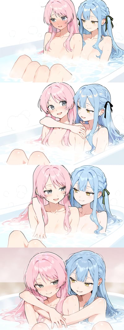 这是一组竖排的四格AI原创二次元插画，描绘了粉发灰眼少女与蓝发黄眼少女一同在浴缸泡澡的互动场景。从第一格两人略带羞涩的共处，到第二格粉发少女主动拥抱蓝发少女，第三格两人放松地搭肩对视，再到第四格亲密依偎，氛围从青涩逐渐过渡到暧昧温柔，充满百合向的甜蜜感，画面中的水珠、泡沫细节也让场景更具真实感。图中无谐音梗或双关内容。