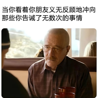 图片上方有文字“当你看着你朋友义无反顾地冲向那些你告诫了无数次的事情”，下方是《绝命毒师》中Walter White在餐厅的剧照，他戴着眼镜，穿着格子衬衫，表情无奈地看着对面的人，完美展现了看到朋友不听劝告时的复杂心情。