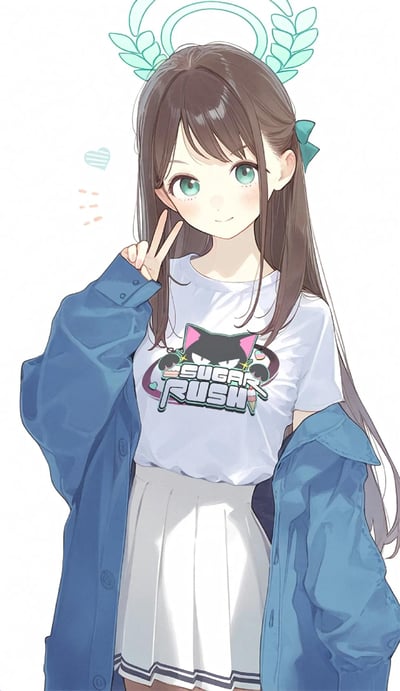 这是一幅日系风格的AI生成二次元插画，画面中的原创少女有着深棕色长发与澄澈的薄荷绿眼眸，头顶戴着薄荷绿的叶状光环，头发侧边系着同色系蝴蝶结。她身穿印有黑猫图案与“SUGAR RUSH”字样的白T恤，外搭宽松蓝色外套，下身是白色百褶裙，正对着镜头比出V字手势，脸颊带着淡淡的红晕，笑容温柔治愈，画面左侧还有小爱心和点状装饰，整体氛围清新软萌。