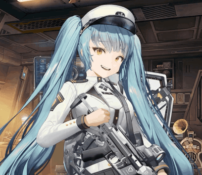 图中是手游《少女前线》中的战术人形Zas M21的海军主题皮肤形象，她有着浅蓝色双马尾长发，头戴白色海军帽，身着白色为主的海军风格制服，手持枪械，面带爽朗的笑容，背景是充满机械感的船舱内部，整体画面绘制精致，是典型的二次元游戏角色立绘，展现出角色干练又活泼的气质。
