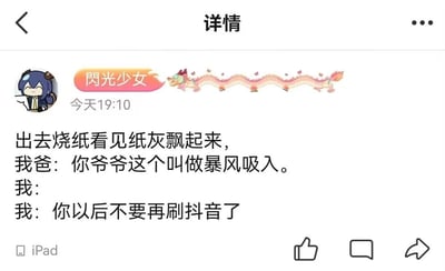社交媒体用户“閃光少女”发布的日常趣事：外出烧纸时看到纸灰飘起，父亲幽默地将其形容为“爷爷暴风吸入”，女儿则无奈调侃父亲“以后不要再刷抖音了”。内容通过生活化对话展现家庭幽默，其中“暴风吸入”是抖音常见的夸张表达，此处用于形容纸灰飘起的场景，形成反差笑点。