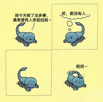 这是一张四格连环漫画，主角是一只蓝色的卡通小蝎子。第一格中小蝎子趴在黄色背景上，带着期待的表情说：“我今天做了还多事，真希望有人来拍拍我~”；第二格它歪着头，头顶的思想泡泡里写着“哎，都没有人...”，显得有些失落；第三格小蝎子低着头，表情难过；第四格它用自己的尾巴轻轻拍打后背，旁边配文“拍拍~”，脸上露出满足的红晕。整体画面温馨治愈，通过小蝎子的自我安慰展现了可爱的孤独与自我关怀。