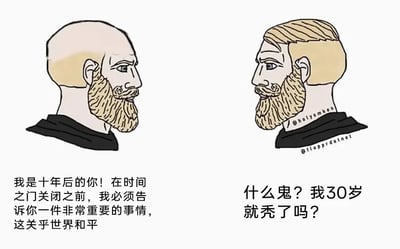 这是一张采用左右对比构图的静态卡通漫画图，画面呈现了同一个男性的两个时期形象：左侧是十年后秃顶的自己，他留着浓密的胡须，表情严肃凝重，正急切地向右侧的自己传递重要信息，称内容关乎世界和平；右侧是30岁的现在的自己，有着整齐浓密的头发，看到未来秃顶的自己后满脸震惊，完全忽略了关乎世界和平的重要消息，只在意自己30岁是否会秃顶这件事。漫画通过这种强烈的反差制造出荒诞的笑点，精准戳中了当代年轻人对脱发、秃顶的焦虑心理，调侃了人们在面对重大事件时，反而更关注自身外貌相关琐事的普遍心态。