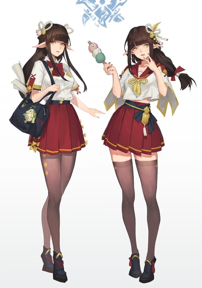 这是一幅原创二次元角色设计插画，展示了同一位精灵耳黑发少女的两种融合日式元素的JK风格穿搭：
1. 左侧为学院风JK造型：白色短袖衬衫搭配红色领结、酒红色百褶裙，搭配带菱形图案的连裤丝袜与深色短靴，背着带有青蛙挂饰的深蓝色挎包，背后插着卷轴，发型搭配传统日式绳结发饰，气质文静温和，手挎包并做出伸手的动作。
2. 右侧为俏皮水手服JK造型：露腰款白色水手服搭配红色领边与黄色绳结，同色系酒红百褶裙，搭配过膝丝袜与短靴，发型为低马尾搭配带黄色装饰的绳结发饰，手持带有表情的三色团子，手放在嘴边，风格灵动俏皮。
整体画风精致，将JK制服与日式传统绳结元素结合，角色的精灵耳特征突出。