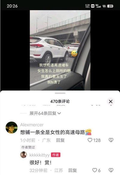 图片为社交媒体平台的帖子截图，上方是高速堵车场景实拍图（从车内视角拍摄，可见多辆停滞汽车及高架桥背景），叠加文字“我想知道高速堵车女生怎么上厕所的啊 我真的要玉了 我b溃了”并配😂表情。下方显示470条评论，热门评论中用户“Alexmercer”留言“想铺一条全是女性的高速母路🚺”获128赞，作者“kkkkkittyy”回复“很好！赏！”。

其中“高速母路”为谐音梗，将“高速公路”替换为“母路”，调侃式回应女性在高速堵车时的如厕困境。