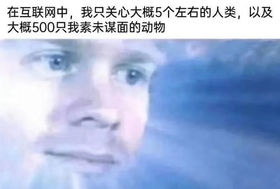 图片上方为黑色文字：“在互联网中，我只关心大概5个左右的人类，以及大概500只我素未谋面的动物”，下方是一张模糊的人类面部特写，人物眼神平静直视前方。整体通过文字与图像结合，幽默地表达了部分人在网络环境中对身边人与陌生动物关注度的反差。