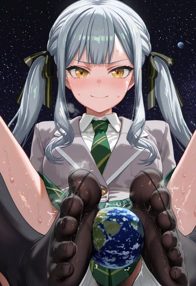 画面呈现一位AI生成的银发双马尾校服少女，她以远超地球的巨大体型，在星空背景下张开双腿，穿着黑色丝袜的双脚夹住一颗地球，脸上泛红出汗，带着略带戏谑的表情，营造出巨娘掌控星球的夸张猎奇场景，充满二次元幻想风格。