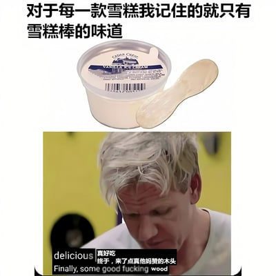 图片由上下两部分组成。上半部分是一个透明塑料杯装的香草味雪糕，杯盖印有“VANILLA ICE CREAM”字样，旁边放着一根木质雪糕棒，上方配有文字“对于每一款雪糕我记住的就只有雪糕棒的味道”。下半部分是一位金发男子的截图，他头发微湿，低头做出品尝后满足的表情，下方字幕为“delicious 真好吃 终于，来了点真他妈的木头”及英文翻译“Finally, some good fucking wood”。整体通过将对雪糕棒味道的调侃与男子享受“木头”味道的表情结合，形成幽默对比，暗指比起雪糕本身更在意雪糕棒的味道。