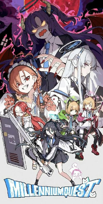 这是一张像素风格的《蔚蓝档案》同人创作图，集结了千年学园的多位人气角色。画面最上方是呈现异化暴走状态的空崎日奈，双眼发光、长出恶魔角与翅膀，姿态极具压迫感；下方依次是咧嘴桀骜的阿露、冷漠侧身的白子、惊恐躲在储物柜后的日富美、持枪严阵以待的芹香、持武器站立的梓，以及持杖面露惊讶的小春。角色们各自摆出符合性格的战斗或戒备姿态，画面底部标注有玩梗的文字「MILLENNIUM QUEST」，整体氛围紧张又充满ACG创作的趣味，像素画风精准还原了角色的标志性特征。
