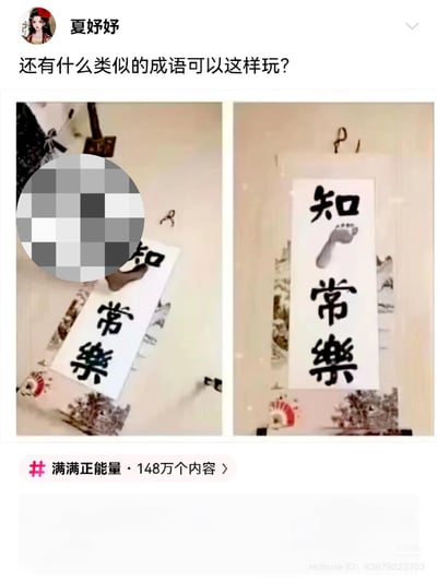 社交媒体用户"夏好好"发布的帖子，展示了对成语"知常乐"的创意改编玩法。图片分为左右两部分，均为书法作品展示。左侧图片中，"知常乐"三个字的"知"字上半部分被模糊处理；右侧图片中，同样的"知常乐"书法作品，"知"字上半部分被一个脚印图案替代，形成了有趣的视觉双关效果。帖子标题询问网友还有什么类似的成语可以用这种方式改编。