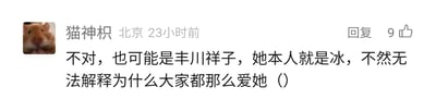 这是一张社交媒体评论区的静态截图，截图左上角是用户「猫神枳」的仓鼠头像，旁边标注了用户定位「北京」以及评论发布时间「23小时前」，评论内容为「不对，也可能是丰川祥子，她本人就是冰，不然无法解释为什么大家都那么爱她（）」，这里玩了趣味调侃的梗，用「冰」来形容角色，以此解释该角色受喜爱的原因。评论右侧显示有「回复」按钮和9个点赞数，整体是网友针对ACGN角色丰川祥子的趣味玩梗内容。