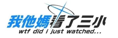 图片为一张表达困惑情绪的网络表情包，主体为加粗的蓝色中文文字“我他媽看了三小”（口语化表达，意为“我到底看了些什么玩意儿”），下方配有黑色英文翻译“wtf did i just watched...”。文字上方有一个蓝色星形图形，图形外围环绕着黑色弧线，整体设计简洁直白，通过中英文结合的方式强化了观看某事物后产生的强烈困惑与不解情绪。
