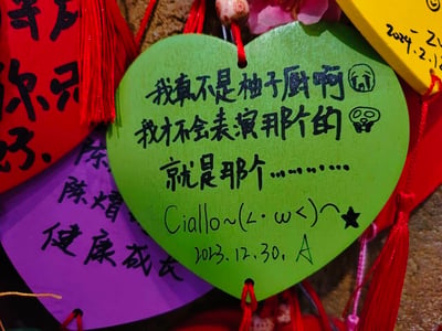 这是一张拍摄于许愿墙的照片，主体是一块绿色心形木质许愿牌，上面手写着充满玩梗趣味的文字：
我真不是柚子厨啊😢
我才不会表演那个的💀
就是那个………
Ciallo~(∠・ω<)⌒★
2023.12.30, A
许愿牌周围还环绕着其他写有“健康成长”等普通祝福内容的许愿牌。文字里的“柚子厨”是指花样滑冰选手羽生结弦的粉丝（羽生结弦昵称柚子），“Ciallo”是游戏《碧蓝档案》中的经典打招呼台词，搭配颜文字和嘴硬的表述，呈现出一种明明是粉丝却嘴硬不肯承认的傲娇搞笑反差感，没有双关、谐音梗等内容。