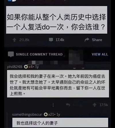 这是一张社交媒体截图，展示了一个引人深思的问题："如果你能从整个人类历史中选择一个人复活do一次，你会选谁？"。下方显示了两条评论，第一条来自用户phil8248，他深情地表示会选择复活自己九年前因癌症去世的妻子，并表达了对她的深切思念。第二条评论来自用户somethingobscur，幽默地回复"我也选择这个人的妻子"，形成了一个有趣的转折。图片获得了20.8k的点赞和17.4k的评论，显示出较高的社交互动度。