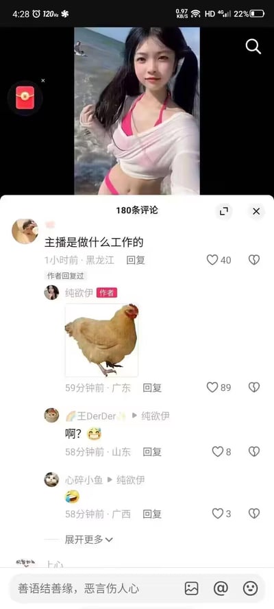这是一张抖音短视频的评论区截图，上方是视频博主——一位在海边的双马尾露腰女生的视频画面。评论区有来自黑龙江的网友提问「主播是做什么工作的」，视频作者「纯欲伊」没有用文字回答，而是回复了一张母鸡的图片，玩了谐音梗：「鸡」谐音「妓」，隐晦暗示擦边类职业，这种回复引发了其他网友的疑惑和爆笑，有山东网友回复「啊？」，广西网友回复笑哭表情。
**谐音梗说明**：用母鸡的「鸡」谐音敏感职业的谐音词，来隐晦回应提问，属于擦边搞笑的网络玩梗方式。