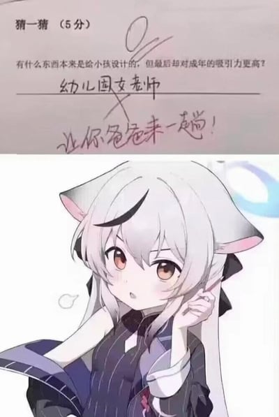 图片分为上下两部分。上半部分是一张试卷，上面有一道题目：“有什么东西本来是给小孩设计的，但最后却对成年的吸引力更高？”，下方手写回答“幼儿园女老师”被划掉，并批注“让你爸爸来一趟！”。下半部分是一个动漫风格的猫耳女孩，她有着银白色长发和橙色眼睛，穿着深色衣服，表情俏皮，单手托腮。