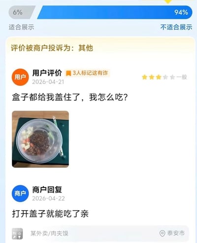 这张截图来自外卖平台的评价申诉页面，顶部设有用户投票栏，显示6%的投票者认为该内容适合展示，94%认为不适合展示，页面标注该评价被商户投诉为“其他”类违规。内容主体为一条用户的三星（评级为一般）评价，发布于2026年4月21日，有3人标记该评价存在欺诈嫌疑，用户的评价内容为“盒子都给我盖住了，我怎么吃？”，还附了一张盖着透明塑料盖的外卖餐盒实拍图。商户于2026年4月22日对该评价做出回复，内容为“打开盖子就能吃了亲”。页面底部标注该外卖商品归类为肉夹馍品类，配送定位为泰安市。整条内容因为用户提出的问题缺乏基本常识、过于离谱，搭配商户的耿直回复形成强烈的搞笑效果。