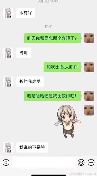 这是一张微信聊天记录截图，对话双方分别是使用长发卡通头像的用户和使用猫咪头像的用户。猫咪头像用户先询问对方是否和网恋对象奔现，在得知对方奔现后，又询问奔现对象和自己比怎么样，长发卡通头像用户回复“长的我难受”，猫咪头像用户顺势自夸自己更帅，结果对方补刀“我说的不是脸”，通过对话的反转制造出搞笑又扎心的效果，对话过程中还插入了一个双手放在脸颊旁做俏皮姿势的Q版女孩表情。
