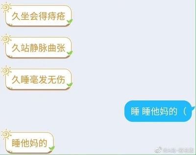 这是一张聊天记录截图，画面中先是三个带有太阳小装饰的提示框依次给出健康相关的提示内容：“久坐会得痔疮”“久站静脉曲张”“久睡毫发无伤”，通过对比久坐、久站会带来的健康问题，和久睡“毫发无伤”的结果，形成了一种反差感。随后用户以此为契机，发出摆烂式的回复“睡 睡他妈的（”，紧接着另一方也跟着回复“睡他妈的”，整体内容用幽默自嘲的方式，表达了对需要久坐久站的工作状态的疲惫与抗拒，选择用睡觉来逃避、摆烂的心态，戳中了很多职场人的共鸣，充满搞笑的氛围。