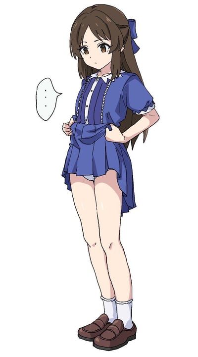 这是一张竖版的原创二次元卡通插画，画面中的棕色长发少女身着蓝白配色的制服，双手将蓝色裙摆向上拉起，露出了里面的白色内裤，她的表情平淡，旁边的对白气泡里只有三个省略号，呈现出欲言又止的状态。图中没有双关、谐音梗或暗示内容。