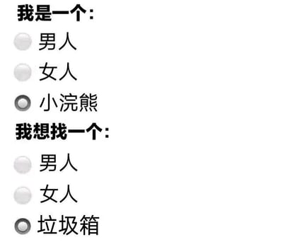 这是一张仿表单样式的趣味图片，分为上下两个部分。上半部分标题为“我是一个:”，下方有三个选项“男人”“女人”“小浣熊”，其中“小浣熊”前的单选按钮被选中；下半部分标题为“我想找一个:”，下方有三个选项“男人”“女人”“垃圾箱”，其中“垃圾箱”前的单选按钮被选中。图片通过将常规的性别选择替换为“小浣熊”和“垃圾箱”这种无厘头选项制造幽默效果，属于典型的网络搞笑梗图。