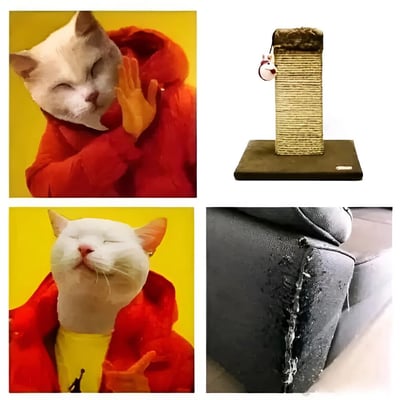 四格拼接图，展现猫咪与猫抓板的搞笑日常。左上：白猫穿着红色外套，闭眼用爪子捂脸，表情像是做了亏心事；右上：立式猫抓板，顶部有棕色覆盖物，侧面挂着小老鼠玩具；左下：同一只白猫仰头闭眼，嘴角微扬，露出满足又得意的表情；右下：黑色沙发扶手被严重抓挠，布料破损露出内部材质。通过猫咪前后表情对比和沙发的惨状，暗示猫咪无视猫抓板、选择抓沙发的调皮行为，充满反差萌的幽默感。