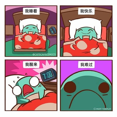 这是一幅四格连环卡通漫画，用四个画面展现了绿色小怪物的情绪转变：第一格中小怪物盖着红底圆点被子躺在床上，处于睡眠状态，表情平静；第二格它面带微笑，传递出睡觉时的愉悦；第三格显示7:00的电子闹钟响起，小怪物被惊醒，眼睛圆睁、嘴巴大张，表情充满震惊；第四格小怪物眉头耷拉，满脸沮丧，精准还原了很多人从睡眠的愉悦到被叫醒的沮丧的真实情绪，用可爱夸张的卡通风格戳中起床困难户的共鸣。