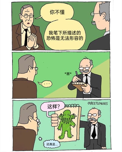 这是一则三格连环卡通漫画，第一格中，左侧身着棕色西装、戴眼镜的男子双手合十，神情严肃地对右侧身着黑色西装的男子说道：“你不懂 我笔下所描述的恐怖是无法形容的”；第二格中，右侧男子拿出笔记本和笔，开始画画，画面标注“*画*”；第三格中，右侧男子展示笔记本上画的克苏鲁形象，问道“这样？”，左侧男子则露出惊讶的神情，回应“还真是...”。漫画通过反差感制造搞笑效果，玩了克苏鲁神话的经典设定——克苏鲁是拥有超出人类认知的恐怖形象，常被描述为无法用语言完全形容，而这里被简单画出后却精准契合了“无法形容的恐怖”的描述。