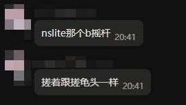 这是一张竖屏手机格式的聊天记录截图，背景为黑色，消息发送者的头像被马赛克处理。截图包含两条在20:41发送的消息，第一条内容为「nslite那个b摇杆」，第二条内容为「搓着限速龟头一样」，此处应为打字错误，实际想表达的是「限速桩头」，发送者用粗俗直白的语气吐槽任天堂NS Lite的摇杆手感不佳，传递出对该设备摇杆的不满情绪。