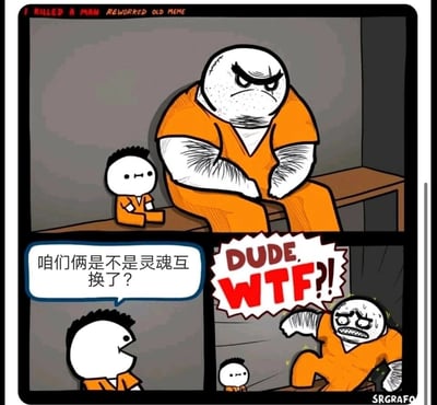 这是一幅三格连环卡通漫画，场景设定在监狱中。第一格展示了身材魁梧、表情凶狠的大个子囚犯和身材矮小、神态淡定的小个子囚犯同坐在一张桌子上；第二格是小个子囚犯向大个子囚犯发出疑问：“咱们俩是不是灵魂互换了？”；第三格是大个子囚犯听到这句话后，瞬间变得惊恐崩溃，满脸冒汗、表情扭曲，激动地从桌子上弹起来，大喊英文台词“DUDE, WTF?!”。漫画通过角色神态和动作的强烈反差，以及“灵魂互换”这个荒诞的玩笑式提问，制造出乌龙搞笑的效果，小个子囚犯的淡定和大个子囚犯的过激反应形成鲜明对比，放大了笑点。