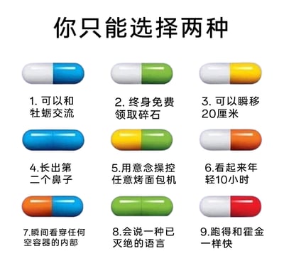 这是一张静态九宫格图文混排图，顶部居中位置有黑色大字标题“你只能选择两种”。下方分为三行三列，共展示9个不同颜色样式的胶囊，每个胶囊下方配有对应的中文文字，描述一个无厘头、几乎无实用价值的超能力选项：1. 白蓝胶囊：可以和牡蛎交流；2. 白绿胶囊：终身免费领取碎石；3. 白黄胶囊：可以瞬移20厘米；4. 纯蓝胶囊：长出第二个鼻子；5. 黄绿胶囊：用意念操控任意烤面包机；6. 白橙胶囊：看起来年轻10小时；7. 橙蓝胶囊：瞬间看穿任何空容器的内部；8. 纯绿胶囊：会说一种已灭绝的语言；9. 白红胶囊：跑得和霍金一样快。这些选项均为搞笑性质的能力，旨在通过荒诞的选择制造趣味，引发观者的讨论和调侃。