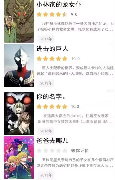 这是一张恶搞风格的影视动漫综艺条目列表截图，共展示了四个作品条目，但每个条目的封面图与对应的作品内容完全错位，制造出荒诞搞笑的反差效果：
1. 《小林家的龙女仆》条目搭配了《龙珠》中的比克大魔王与老者的封面；
2. 《进击的巨人》条目搭配了迪迦奥特曼的封面；
3. 《你的名字。》条目搭配了《死亡笔记》的夜神月、弥海砂、L的封面；
4. 《爸爸去哪儿》条目搭配了偶像类动漫角色的封面。
每个条目保留了原作品的评分、简介和年份，与错位封面形成强烈违和感，属于二次创作的玩梗内容。