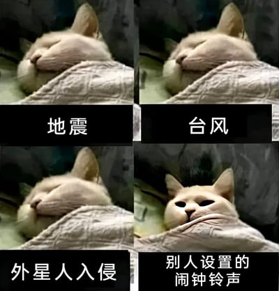 这是一张四格拼接的幽默表情包，主体是一只盖着被子的猫咪。前三格分别对应“地震”“台风”“外星人入侵”的场景，猫咪始终用被子蒙住脸，一副无视状况、继续安睡的淡定模样；第四格对应“别人设置的闹钟铃声”，猫咪猛地掀开被子，露出震惊错愕的脸，与前三格的淡定形成强烈反差。这张图用夸张的对比，调侃了许多人面对重大事件能淡定处之，却被闹钟这类日常小事瞬间惊醒的状态，精准戳中大众对闹钟的抗拒与起床的无奈心理，引发共鸣。
