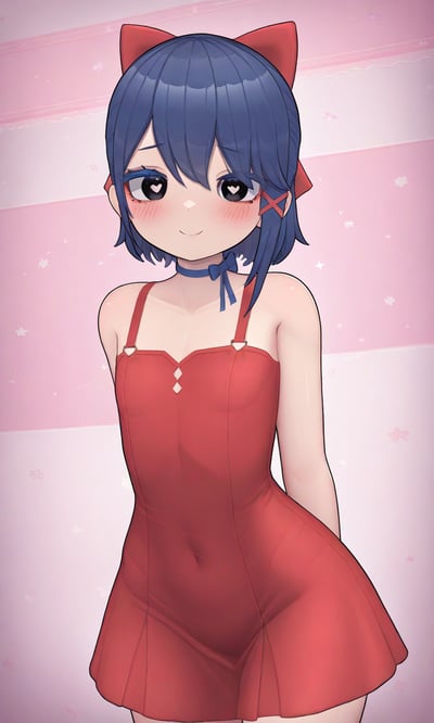 这是一张AI生成的二次元风格插画，画面中的蓝短发少女有着爱心形状的瞳孔，脸颊泛着红晕，带着羞涩的微笑。她身着红色短款吊带连衣裙，露出肚脐，头上佩戴红色猫耳造型发饰，脖子系着蓝色颈带，双手背在身后，姿态腼腆。背景是粉白渐变的柔和底色，点缀着星星与花瓣元素，整体氛围甜美治愈，充满少女感，传递出羞涩心动的情绪。