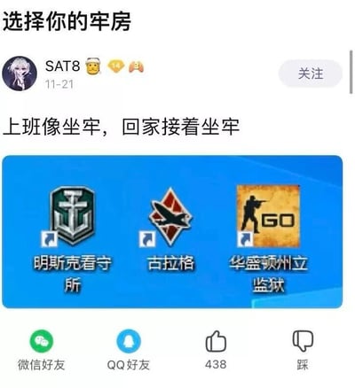 这是一张社交媒体平台的图文混排梗图，顶部标题为“选择你的牢房”，发布者为SAT8（头像为游戏《少女前线》中的同名角色），发布时间标注为11-21，配文“上班像坐牢，回家接着坐牢”精准吐槽了当代年轻人职场与生活中被束缚、压抑的状态。下方设置了三个以游戏元素衍生的“牢房”选项：“明斯克看守所”对应游戏《战舰世界》的开发商明斯克工作室，用“看守所”隐喻游戏带来的“沉迷被困”；“古拉格”对应《使命召唤》系列中战败玩家会被关押的地图，同样暗指游戏里的“被困体验”；“华盛顿州立监狱”对应《CS:GO》的相关背景设定。图片底部提供了微信好友、QQ好友的分享按钮，以及点赞（438次）、踩的互动按钮，整体用游戏梗结合职场吐槽，引发同类人群的情感共鸣。