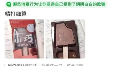 这是一张左右对比图，左侧展示了一款名为“小巧 乖萌巧克力”的雪糕外包装，包装呈现的雪糕看起来造型规整，有着正常雪糕的体积感；右侧则是拆开包装后的实物雪糕，其体积远小于包装给人的预期，仅占据雪糕托的一小部分，和包装呈现的观感形成强烈反差。图片顶部带有话题“哪些消费行为让你觉得自己受到了明明白白的欺骗”，下方还有用户评论“就差这一口，过分了啊”，以此吐槽这款雪糕包装与实物严重不符的情况，属于让消费者感觉被欺骗的消费行为，产品名“小巧”看似是形容造型小巧可爱，实则是实物体积过小，玩了文字噱头，和包装传递的观感差距极大。