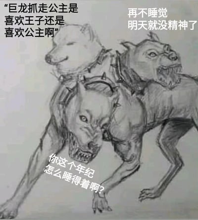 黑白线稿风格的三头犬（类似神话中的刻耳柏洛斯）素描，三头均有锋利牙齿和尖刺项圈，呈现凶猛姿态。画面中叠加三行文字：左上角'巨龙抓走公主是喜欢王子还是喜欢公主啊'、右上角'再不睡觉明天就没精神了'、底部'你这个年纪怎么睡得着啊?'，通过神话生物与现代深夜失眠焦虑的文字结合，形成幽默调侃的效果，暗讽年轻人深夜胡思乱想却又熬夜的矛盾状态。