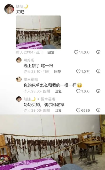 这张图片显示了一间卧室，床铺前有一根绳子，上面密密麻麻挂满了自制腊肠，看起来非常接地气且充满生活气息。画面中有紫色印花床单与简单家俱，显露出农村或小县城家庭的感觉。评论区有网友调侃晚上饿了可以“吃一根”，还有人表示床单和自己的一模一样，体现了农村家庭生活的相似性和共鸣氛围。整体氛围温馨有趣，带点乡土幽默。**图中出现的“吃香肠”有轻微双关效果，但更偏向生活调侃。**