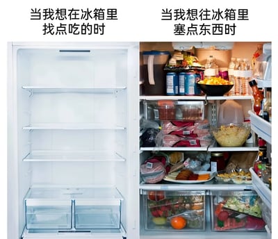 图片为左右对比图，左侧展示一个空空如也的冰箱，内部货架和抽屉均无任何食物，上方文字标注'当我想在冰箱里找点吃的时'；右侧则是一个塞满各种食物的冰箱，包含饮料罐、水果、肉类、蔬菜、酱料等，上方文字标注'当我想往冰箱里塞点东西时'。通过强烈的视觉反差，幽默地呈现了人们在寻找食物时冰箱总是空荡，而想要存放物品时冰箱却异常满溢的日常矛盾场景。