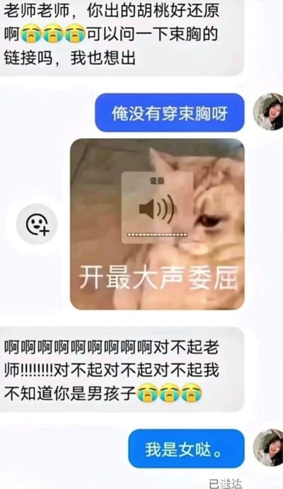 这是一段充满反转和社死感的微信聊天记录：一位cos爱好者（提问者）夸赞对方的胡桃cos很还原，询问束胸链接，对方回复没穿束胸并发出“开最大声委屈”的小猫表情包。提问者误以为对方是男生，疯狂道歉，结果对方表示自己是女生，整个对话因性别误会制造出搞笑又尴尬的社死笑点，没有双关或谐音梗，完全是误会带来的趣味效果。