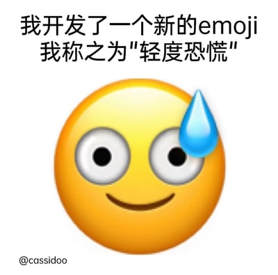这是一张创意改编的静态表情包图片，创作者将普通的微笑睁大眼黄色emoji与汗珠元素结合，上方配文称这是开发的新emoji“轻度恐慌”。这个表情精准捕捉了人们在日常生活中常见的微妙情绪：表面上维持着微笑镇定的状态，内心却因为一些突发小状况、小失误而产生轻度的慌乱，比如工作中出现小纰漏、临时被提问等场景下的心情，非常贴合日常的微妙心境，容易引发共鸣。